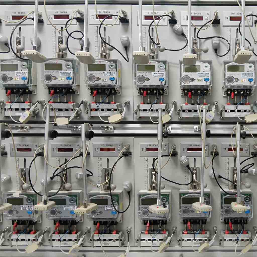 Technicians performing meter verification in an ISO/IEC 17025 accredited metrology laboratory